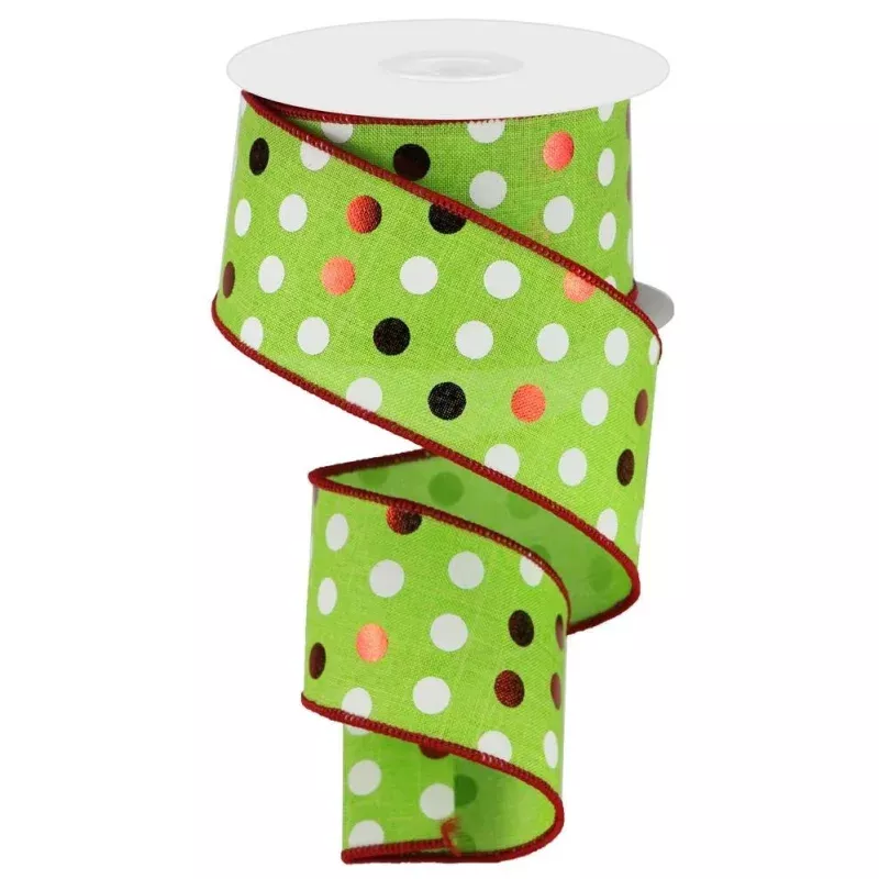 10-yards-lime-green-royal-burlap-ribbon-with-metallic-polka-dots 10 Yards of Lime Green Royal Burlap Ribbon with Metallic Polka Dots