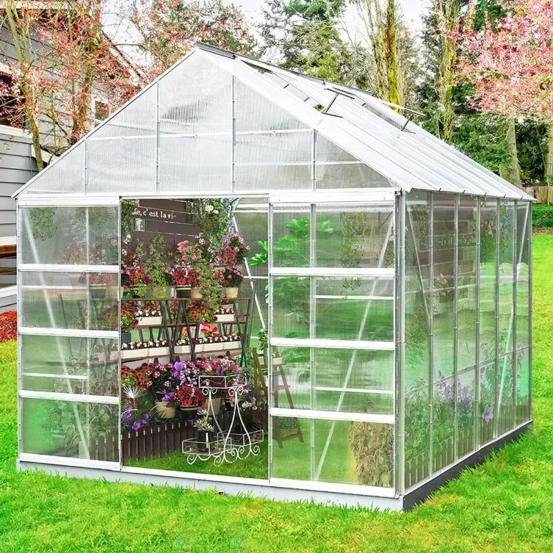 [10x12FT] Large Heavy Duty Outdoor Walk-In Polycarbonate Aluminum Frame Greenhouse With Adjustable Vents & Sliding Doors