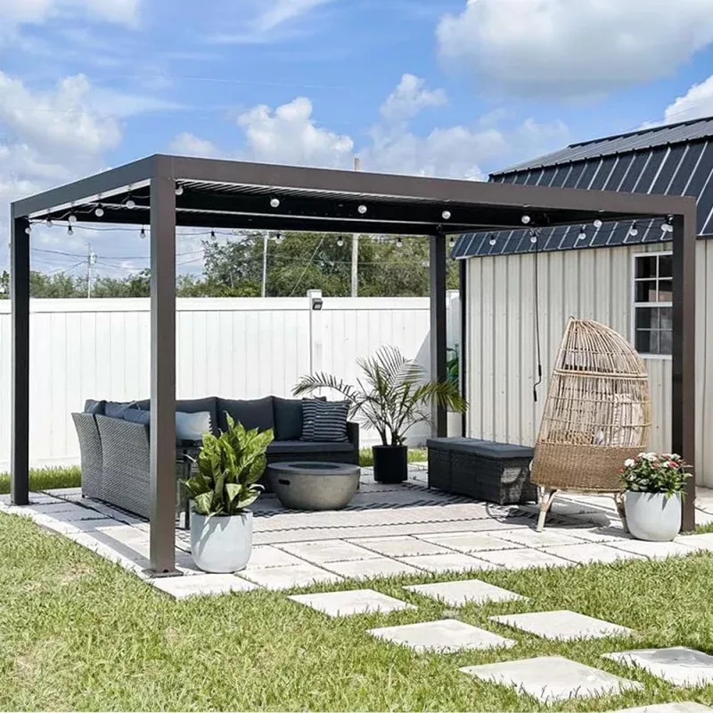 [10x14FT] Premium Adjustable Outdoor Garden Hardtop Aluminum Gazebo With Clear String Lights (92683716)