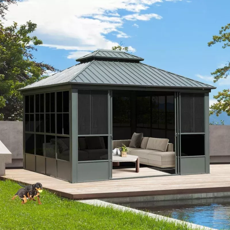 [12x14FT] Large Heavy Duty All-Season Steel Top Aluminum Double Roof Backyard Gazebo