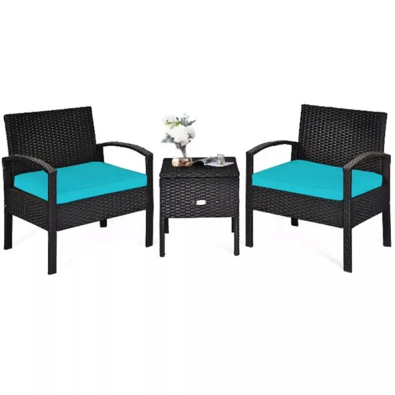 black-3-piece-wicker-outdoor-bistro-set-with-turquoise-cushions Black 3-Piece Wicker Outdoor Bistro Set with Turquoise Cushions